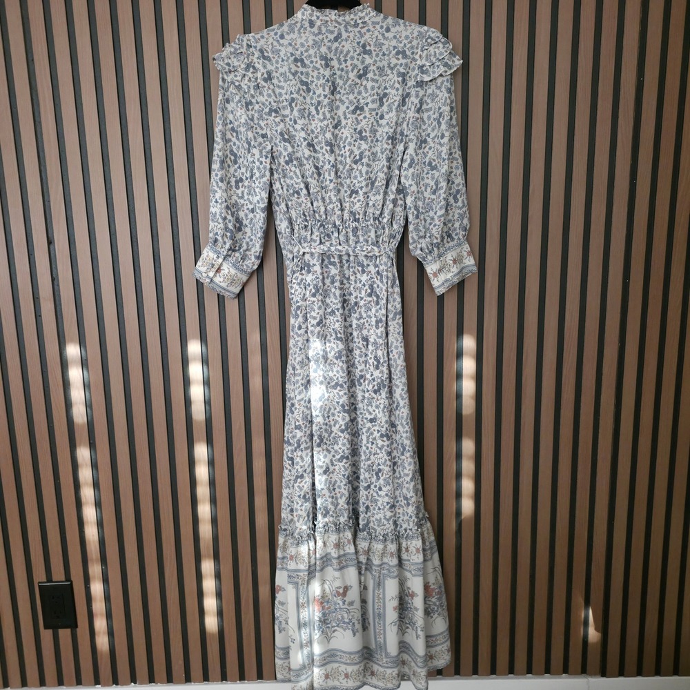 Cece Long Sleeve Maxi Dress Womens Small Blue Floral Ruffle Collar Smocked Waist - Picture 2 of 12